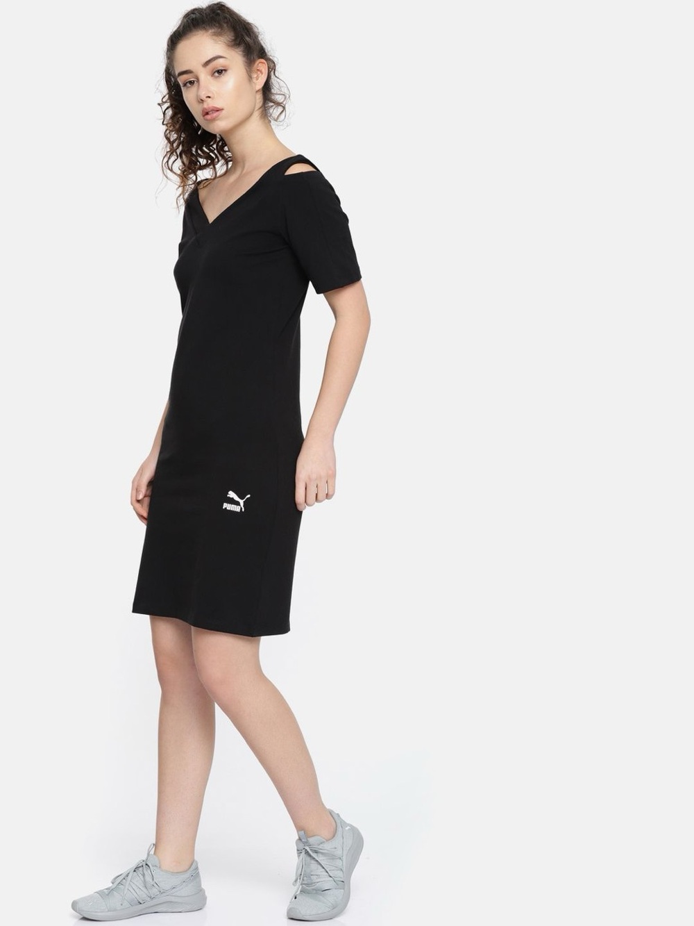 Puma Black V‑Neck Shoulder Cutout Mini Dress T7 Cold Shoulder